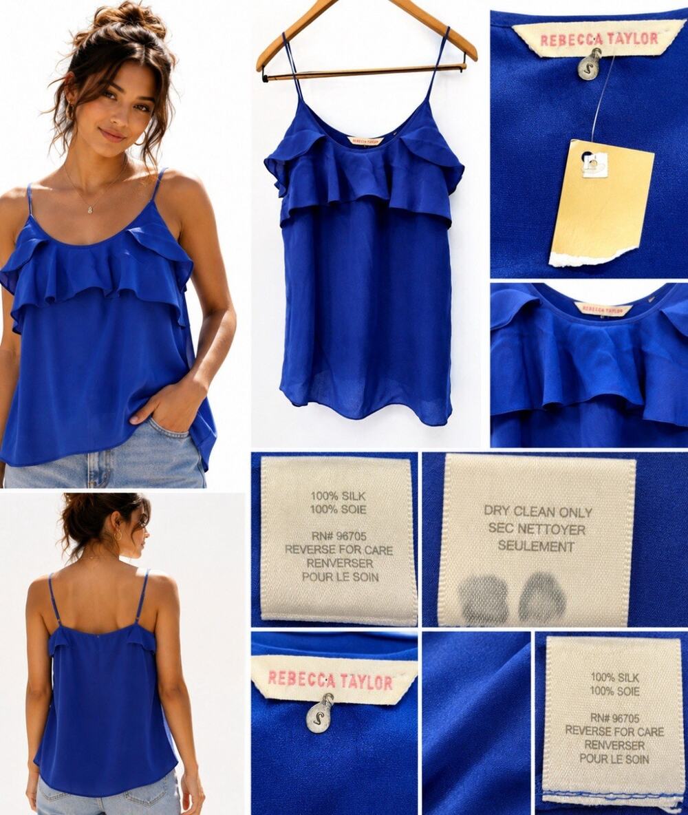 NWT Resort Beachy Luxury Flowy Rebecca Taylor Silk Ruffle Cami Tank Cobalt Blue